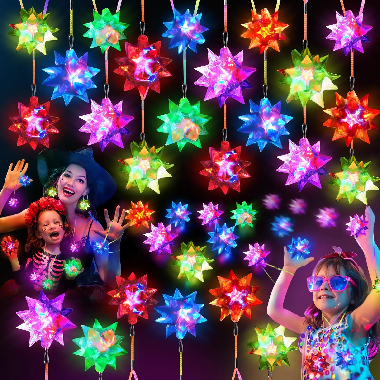 48PCS Flashing Crystal Star Necklaces Glow Necklaces Bulk Light up Party Favors LED Glow in The Dark Necklaces for Kids Adults Birthday Glow Party Rave Halloween Goodie Bags Filler