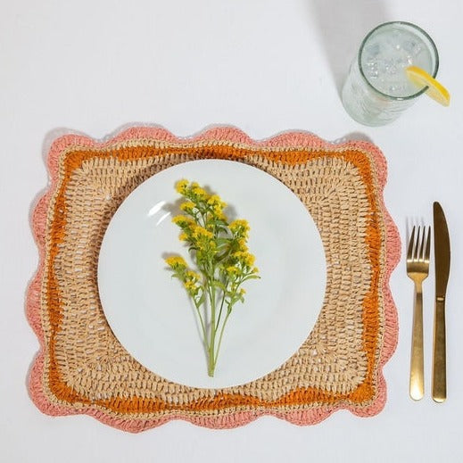Garden Party placemats with Pink and Orange Edges, Hand Woven Rectangular Table Mat