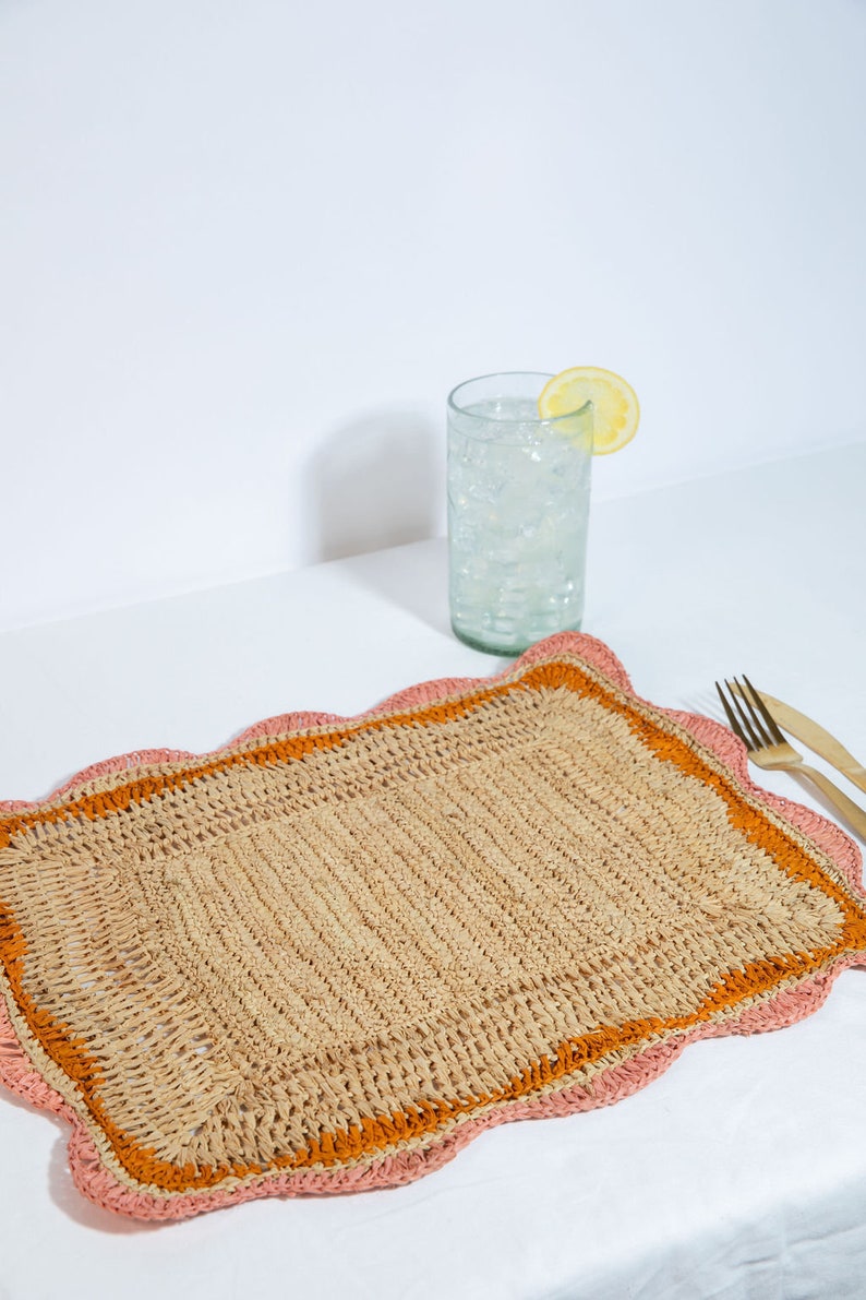 Garden Party placemats with Pink and Orange Edges, Hand Woven Rectangular Table Mat