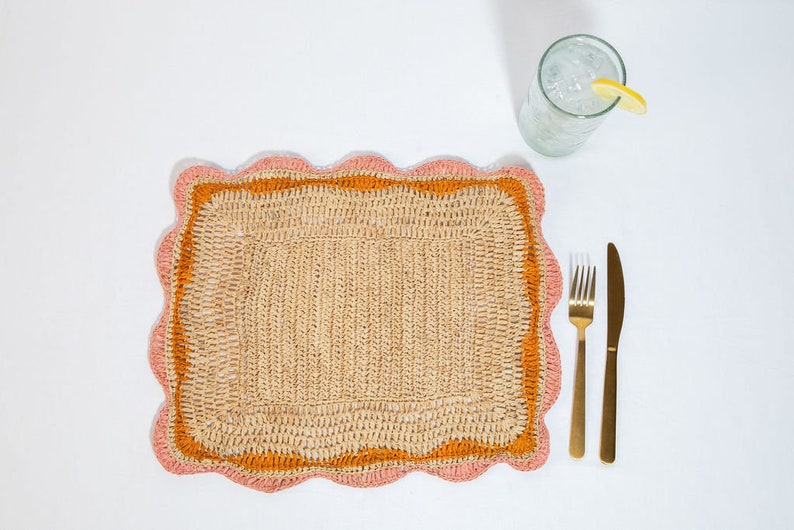Garden Party placemats with Pink and Orange Edges, Hand Woven Rectangular Table Mat