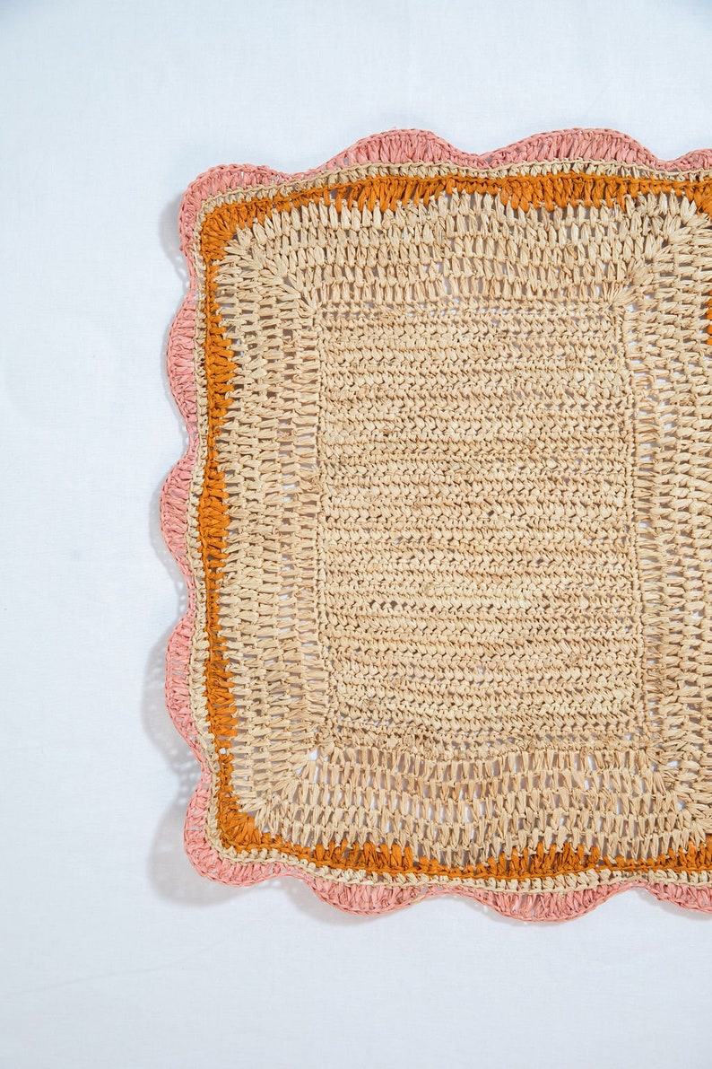 Garden Party placemats with Pink and Orange Edges, Hand Woven Rectangular Table Mat
