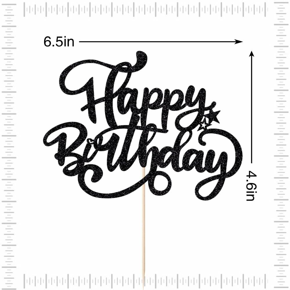 Happy Birthday Cake Topper Black Glitter Party Decoration