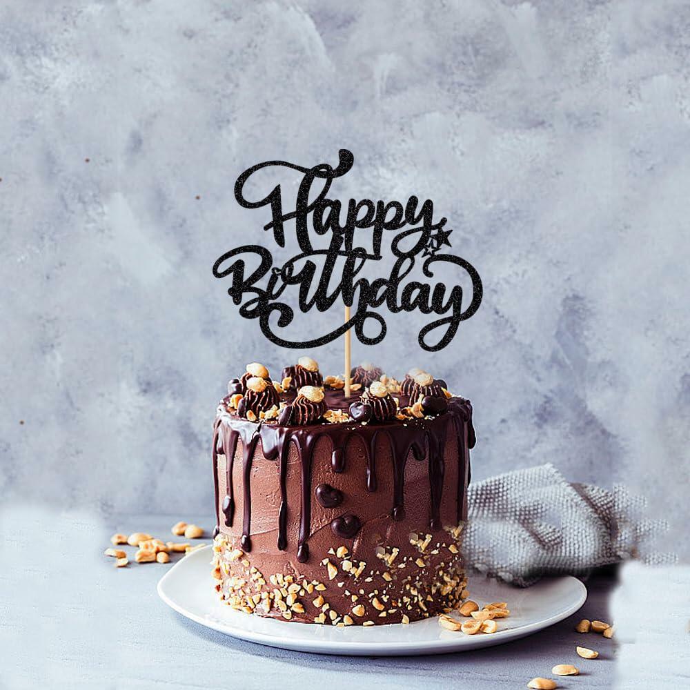 Happy Birthday Cake Topper Black Glitter Party Decoration