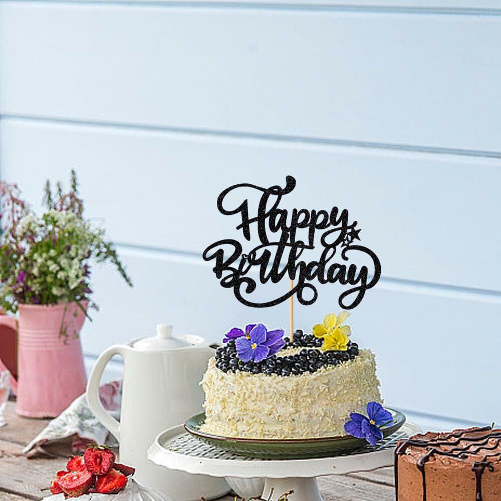 Happy Birthday Cake Topper Black Glitter Party Decoration