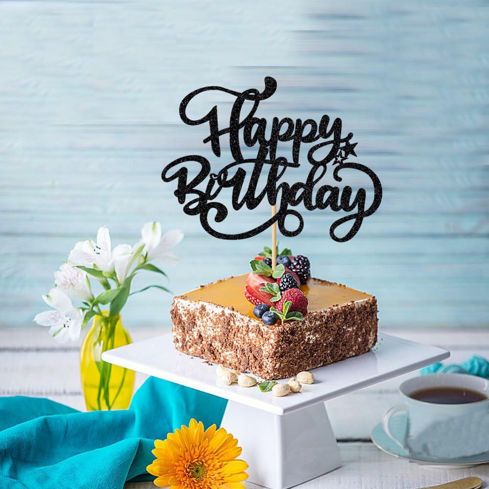 Happy Birthday Cake Topper Black Glitter Party Decoration