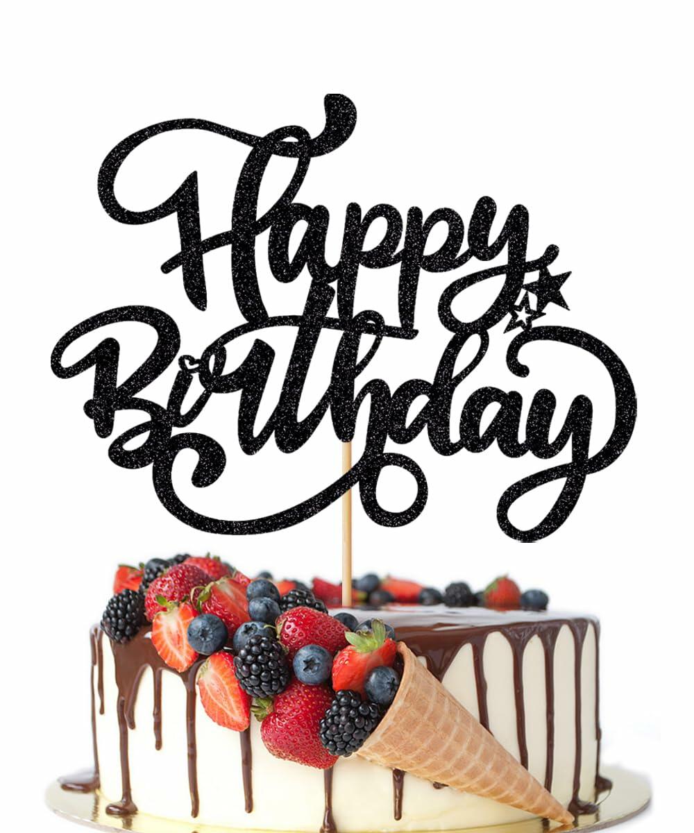 Happy Birthday Cake Topper Black Glitter Party Decoration