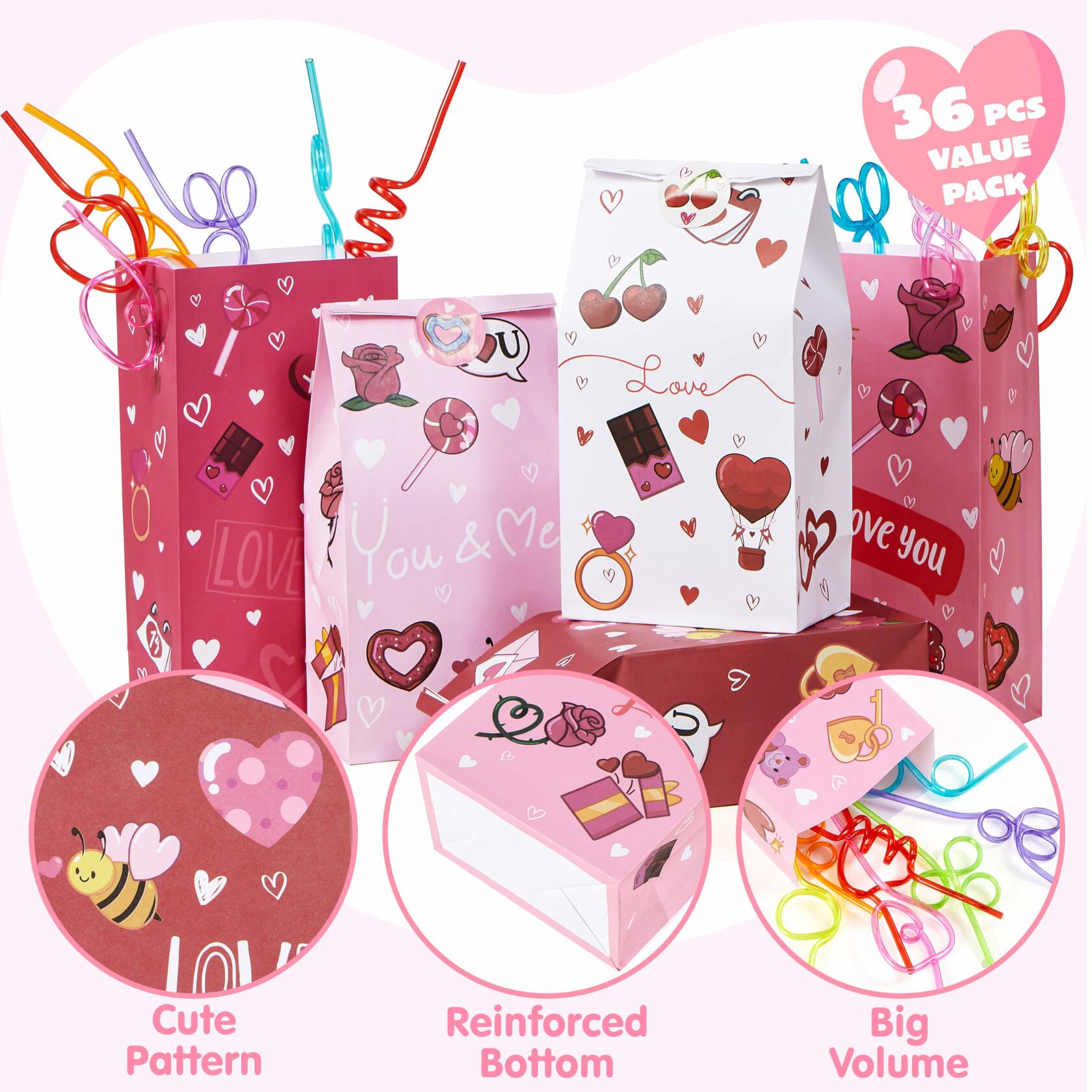 JOYIN Valentines Day Paper Gift Bags 5x9.4 inch 36 Pcs Party Favors