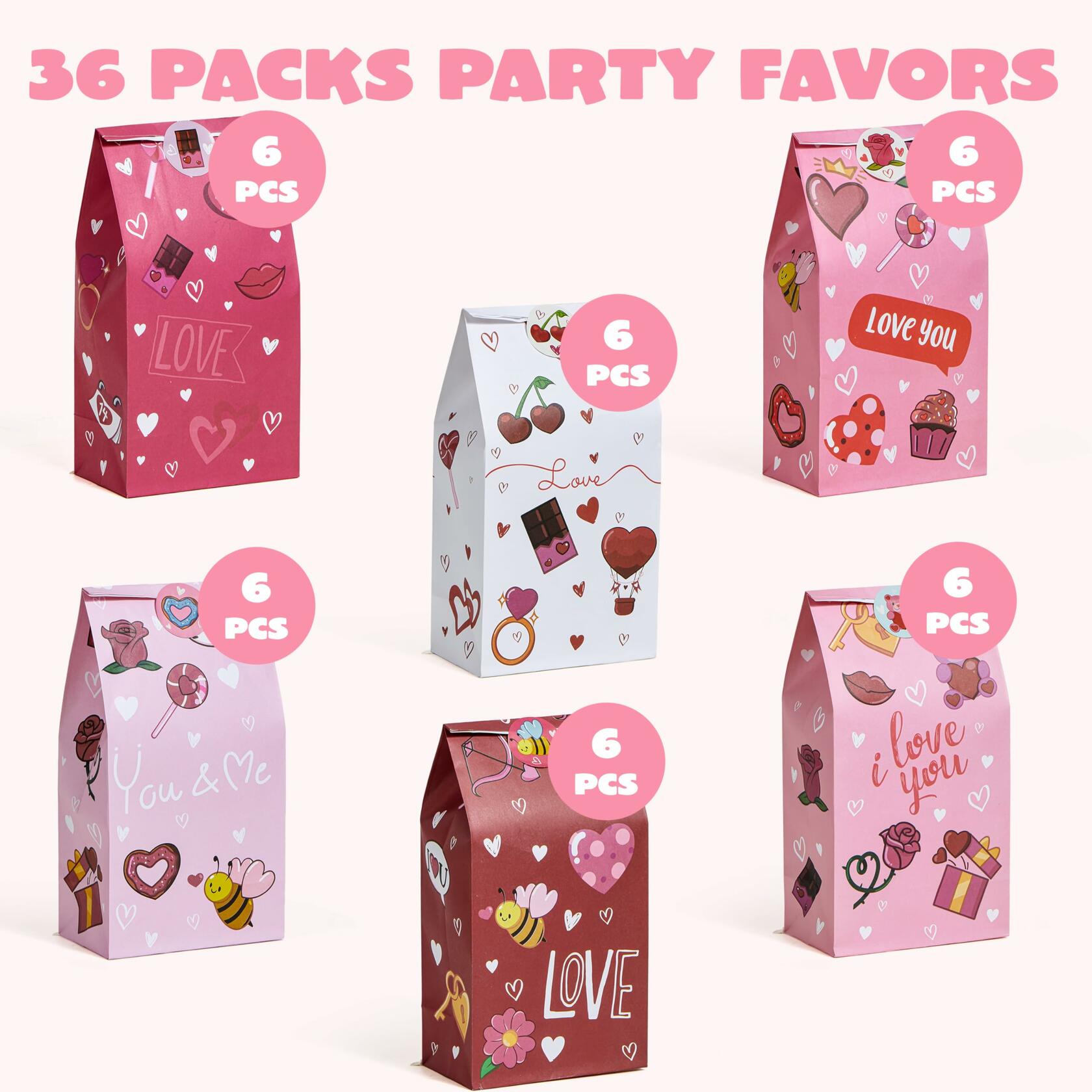 JOYIN Valentines Day Paper Gift Bags 5x9.4 inch 36 Pcs Party Favors