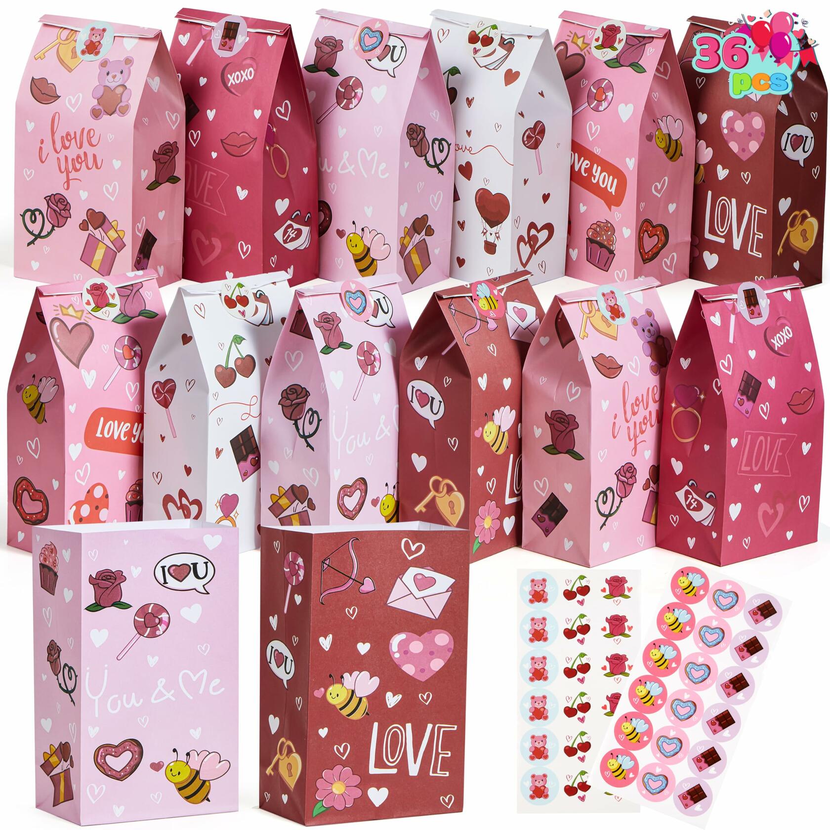 JOYIN Valentines Day Paper Gift Bags 5x9.4 inch 36 Pcs Party Favors