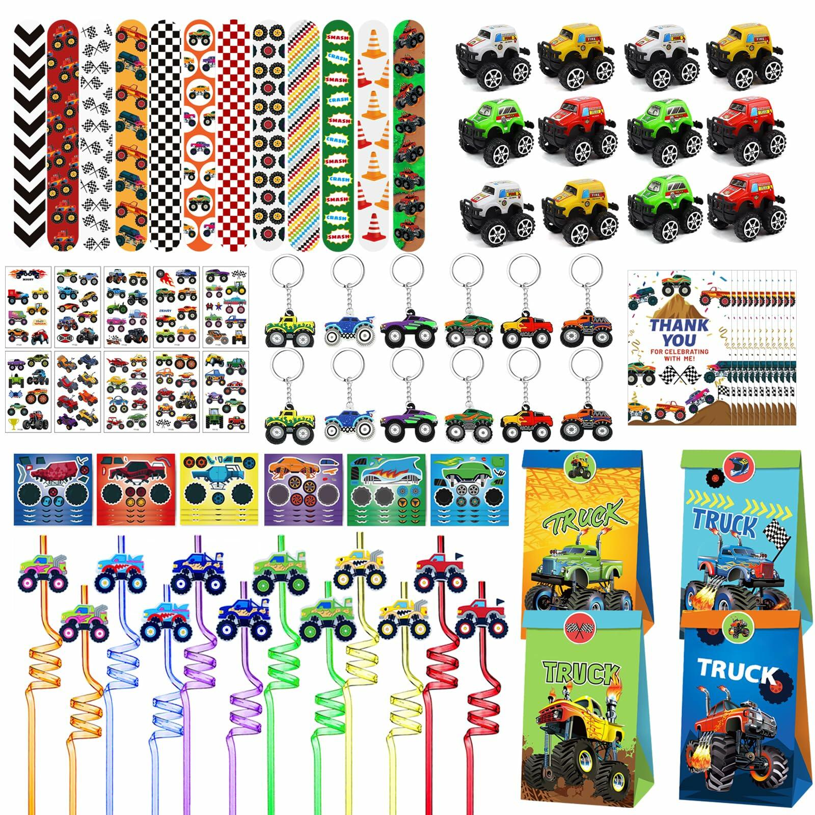 Truck Party Favors Set - Keychains Slap Bracelets Stickers Straws